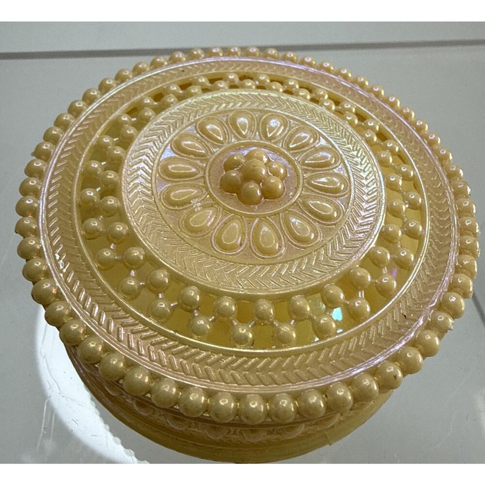 Vtg Pearloid Lidded Powder Trinket Box Celluloid Iridescent Luster 30's Art Dec
